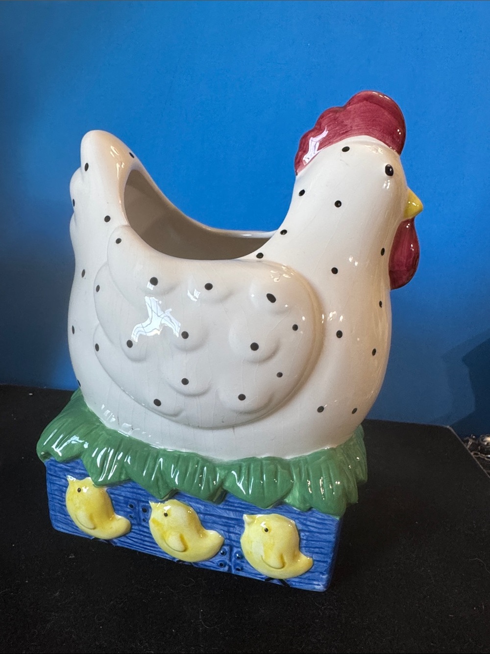 Boston Warehouse White Polka Dot Hen Planter with Red Comb and Yellow Chicks